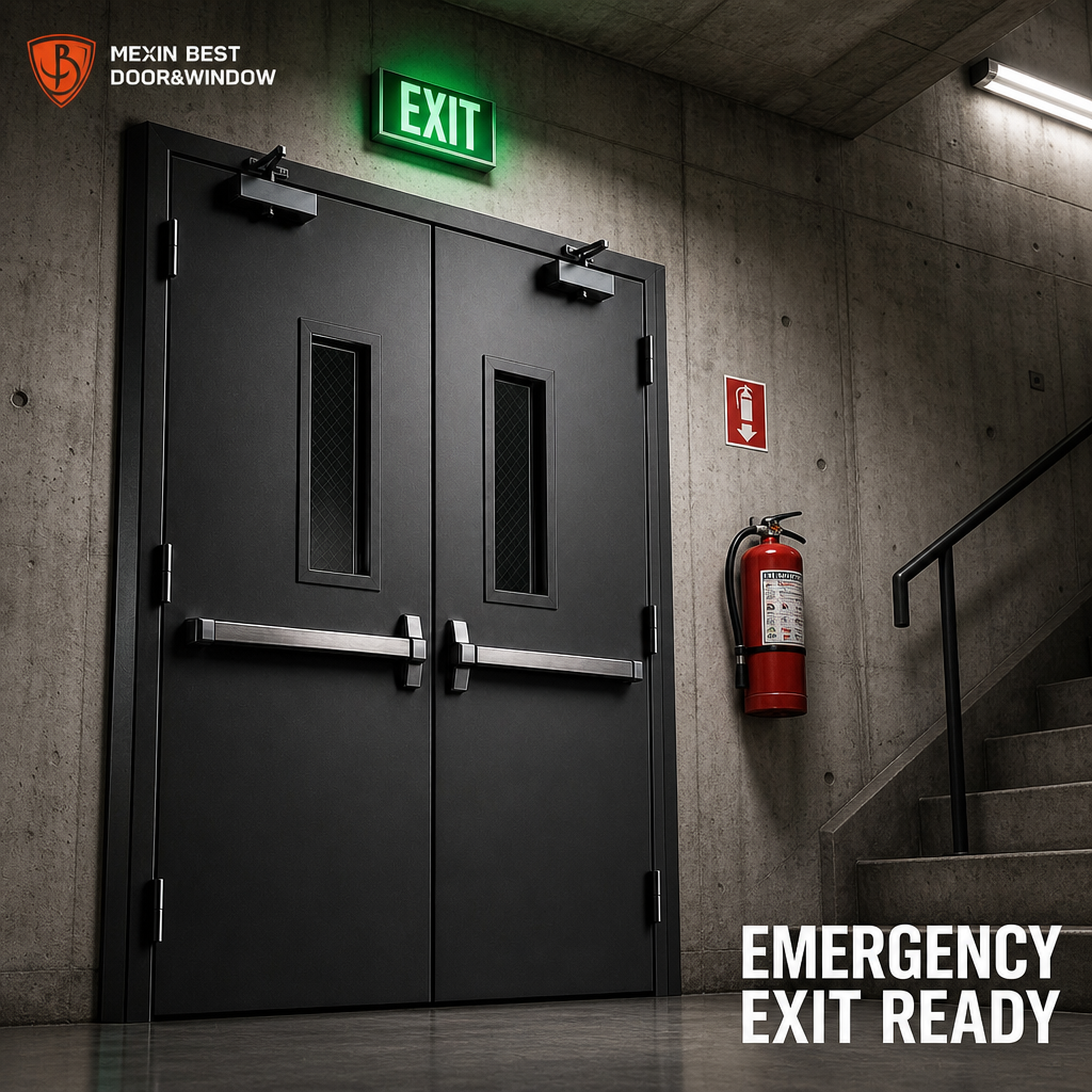 3 Hour Fire Rated Double Leaf Steel Fire Door with Vision Panel Panic Bar and Door Closer for Commercial Building