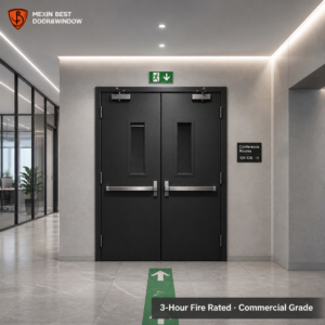 3 Hour Fire Rated Steel Double Fire Door with Vision Panel Panic Bar Exit Hardware for Commercial Building Hotel