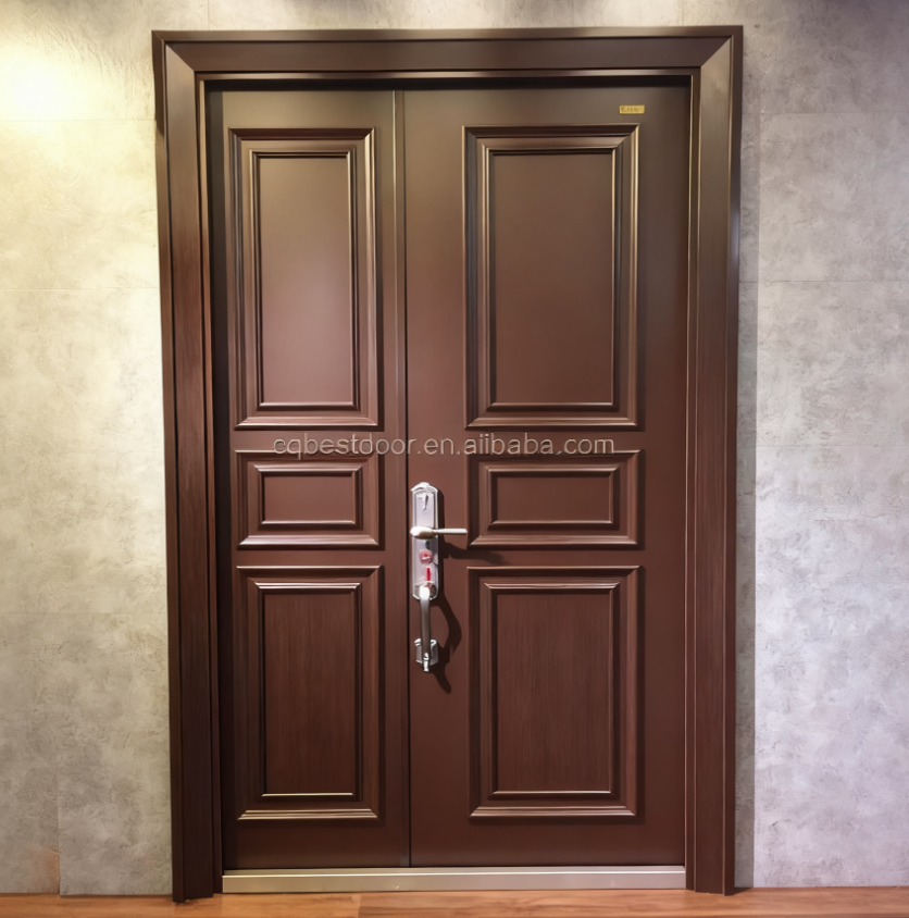 ENISO Certified MDF Galvanized Steel PVC Film Armored Door with Polyurethane Filling