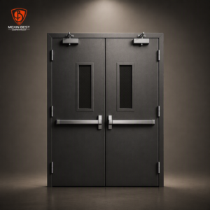 3 Hour Fire Rated Double Leaf Steel Fire Door with Vision Panel and Panic Bar for Commercial Building