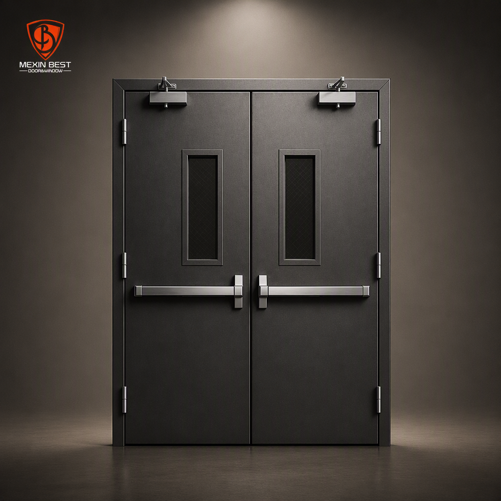 3 Hour Fire Rated Double Leaf Steel Fire Door with Vision Panel and Panic Bar for Commercial Building
