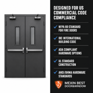 3 Hour Fire Rated Steel Double Leaf Door with Fire Rated Vision Panel Panic Bar for Commercial Building Hotel Apartment