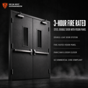 3 Hour Fire Rated Steel Double Fire Door with Vision Panel Panic Bar Exit Hardware Door Closer for Commercial Building