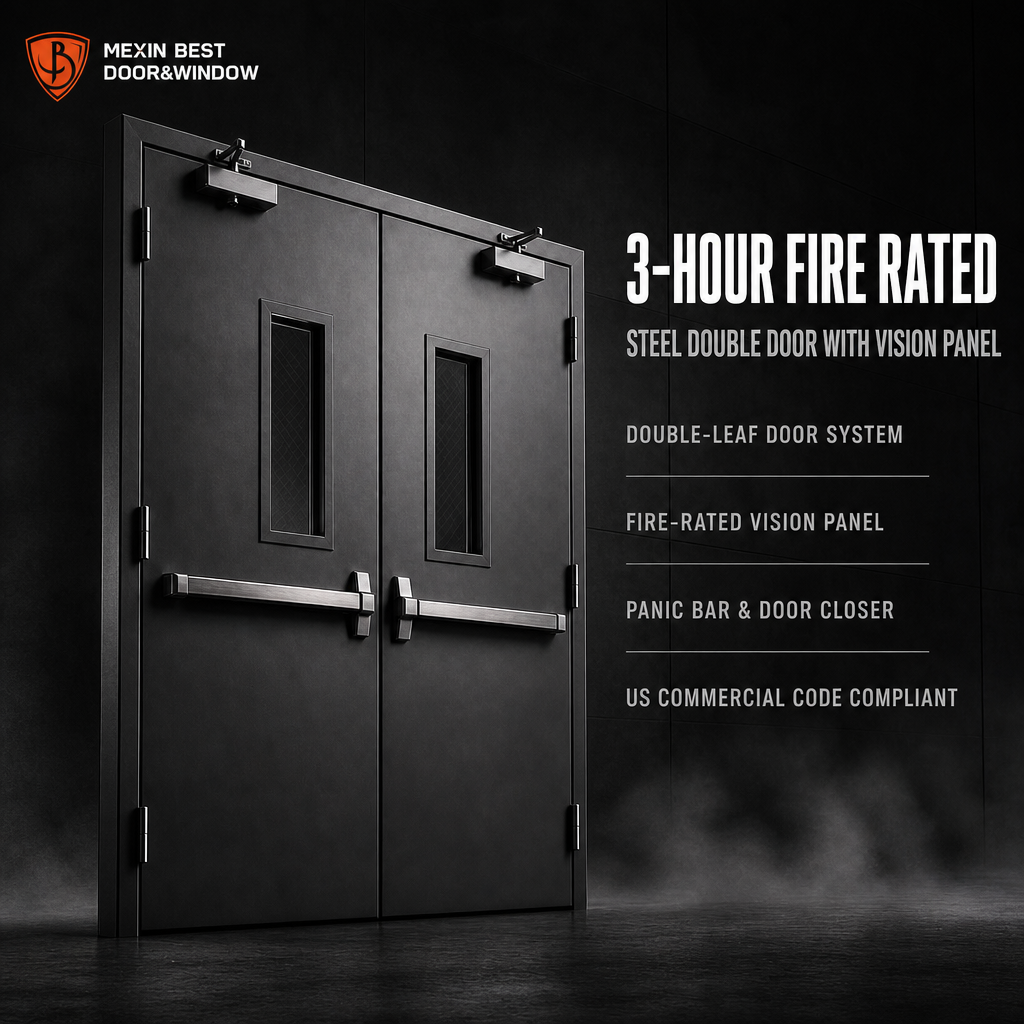 3 Hour Fire Rated Steel Double Fire Door with Vision Panel Panic Bar Exit Hardware Door Closer for Commercial Building