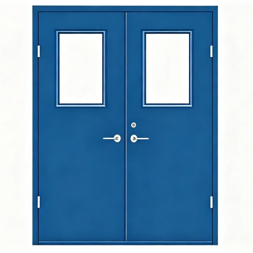 UL/WHI Certified Double Swing Steel Fire Door with Fire-Rated Glass for Mall & Hospital