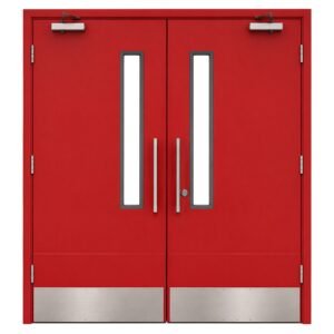 Hospital Door Commercial Hollow Metal Steel Door Standard Pair Fire Rated Red Vertical Vision Lite Kick Plate ADA Rail