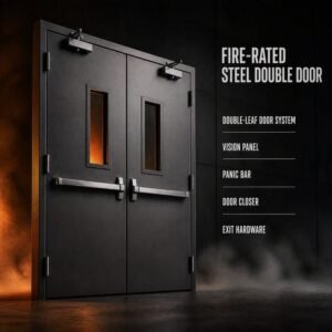 3Hour Fire Rated Double Leaf Steel Fire Door with Fire Rated Vision Panel for US Commercial Building Projects