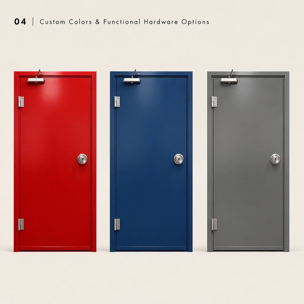 Heavy Duty Steel Fire Door Set Multi-Color Options Red Blue Yellow Fireproof Entry Door with Ball Knob