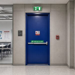 Modern Blue Industrial Fireproof Door with Vision Lite Window and Ventilation Louver Steel Security Entry Door for School