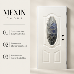 Interior Steel Door with Oval Decorative Leaded Glass Insert Soundproof Fire Resistant Steel Core Door for Residential