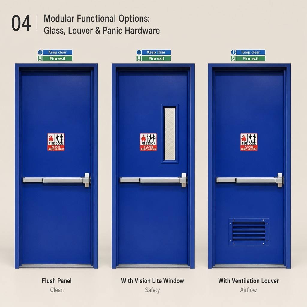Modern Blue Industrial Fireproof Door with Vision Lite Window and Ventilation Louver Steel Security Entry Door for School - Image 2