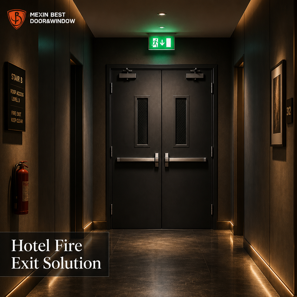 3 Hour Fire Rated Double Leaf Steel Fire Door with Vision Panel Panic Bar and Door Closer for Commercial Building - Image 2
