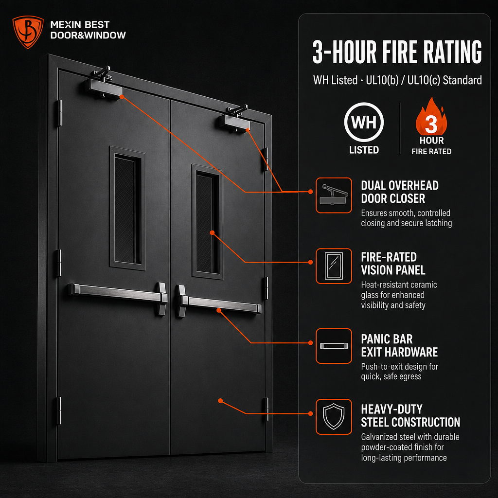 3 Hour Fire Rated Steel Double Fire Door with Vision Panel Panic Bar Exit Hardware for Commercial Building Hotel - Image 2