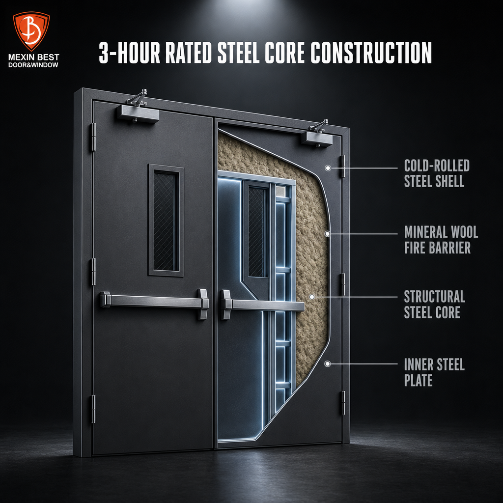 3 Hour Fire Rated Steel Double Fire Door with Vision Panel Panic Bar Exit Hardware Door Closer for Commercial Building - Image 3