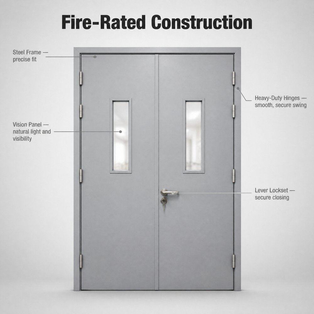 Steel Fire Door Double Leaf 3 Hour Fire Rated with Vision Panel for Warehouse Stairwell Parking Garage Commercial - Image 3
