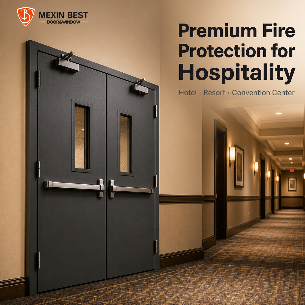 3 Hour Fire Rated Double Leaf Steel Fire Door with Vision Panel Panic Bar and Door Closer for Commercial Building - Image 3