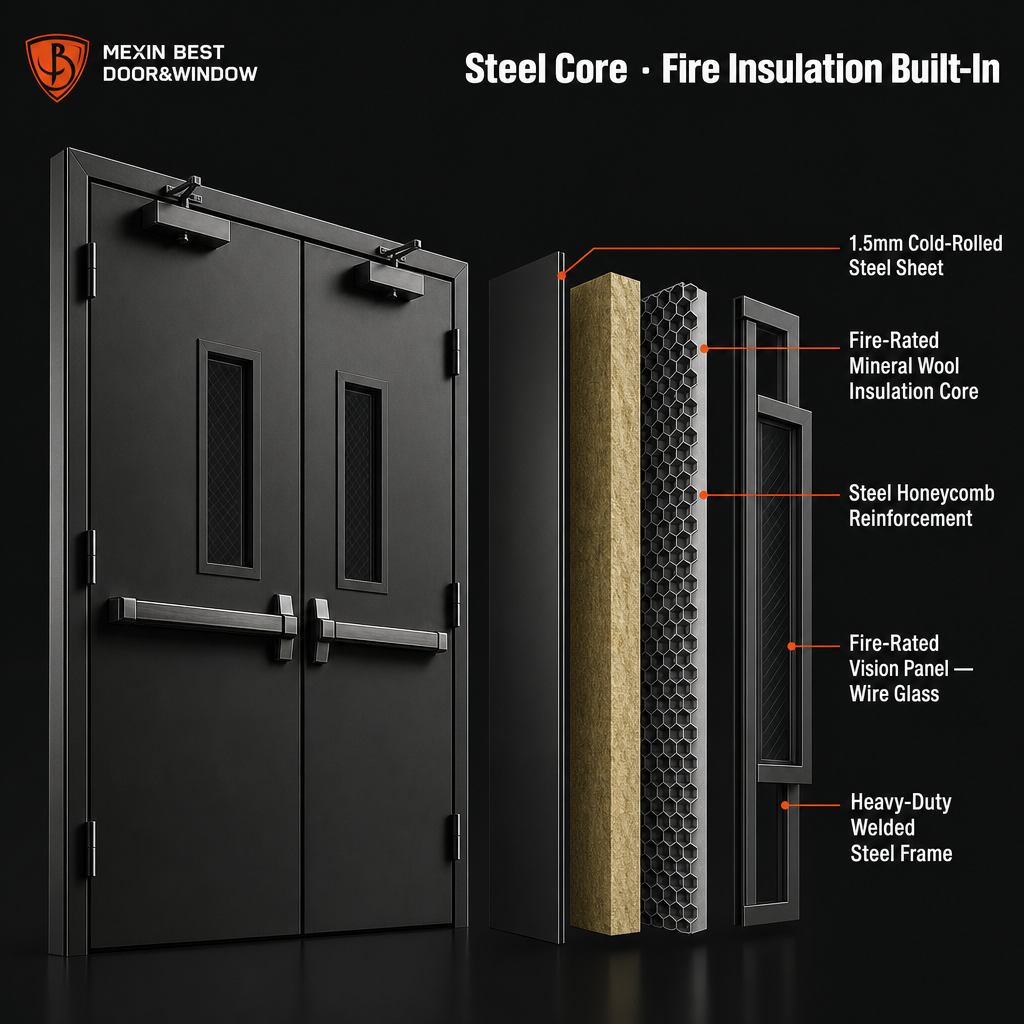 3 Hour Fire Rated Steel Double Fire Door with Vision Panel Panic Bar Exit Hardware for Commercial Building Hotel - Image 3