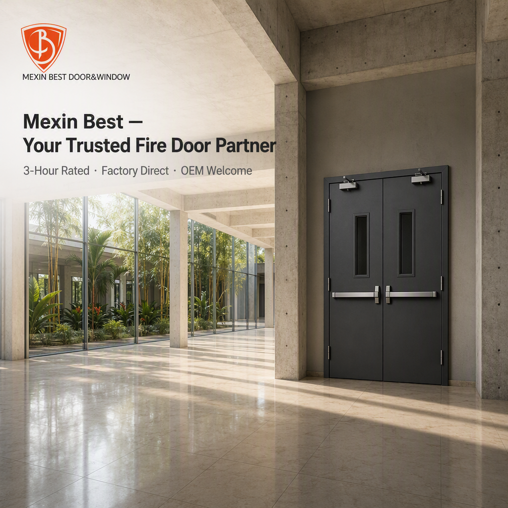 3 Hour Fire Rated Double Leaf Steel Fire Door with Vision Panel Panic Bar and Door Closer for Commercial Building - Image 4