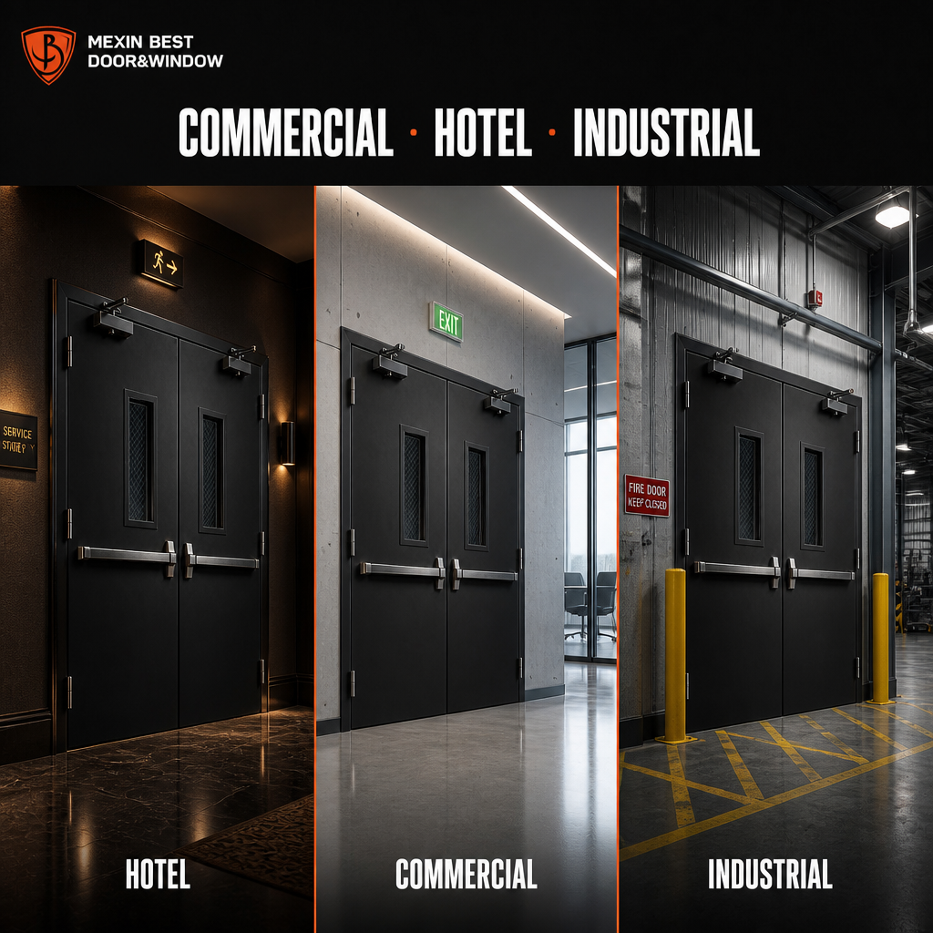 3 Hour Fire Rated Steel Double Fire Door with Vision Panel Panic Bar Exit Hardware for Commercial Building Hotel - Image 4