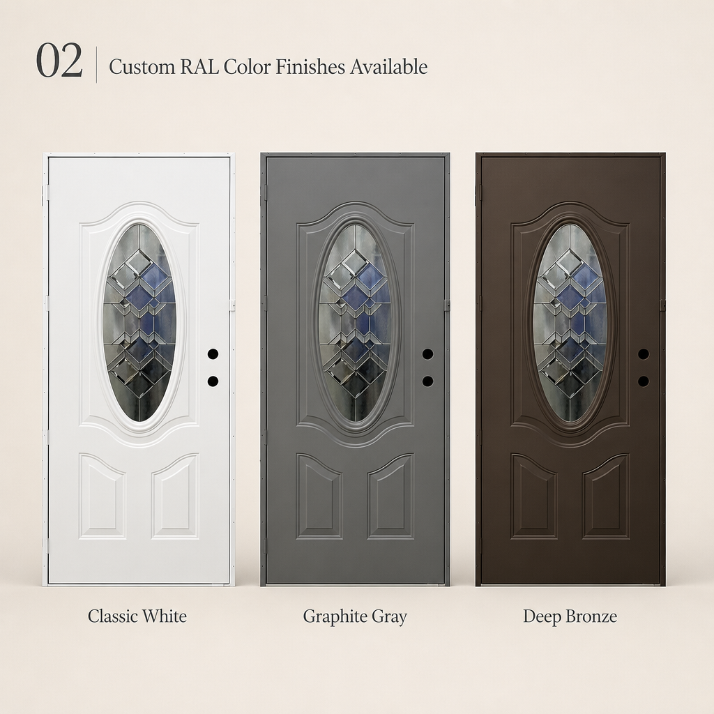 Interior Steel Door with Oval Decorative Leaded Glass Insert Soundproof Fire Resistant Steel Core Door for Residential - Image 4