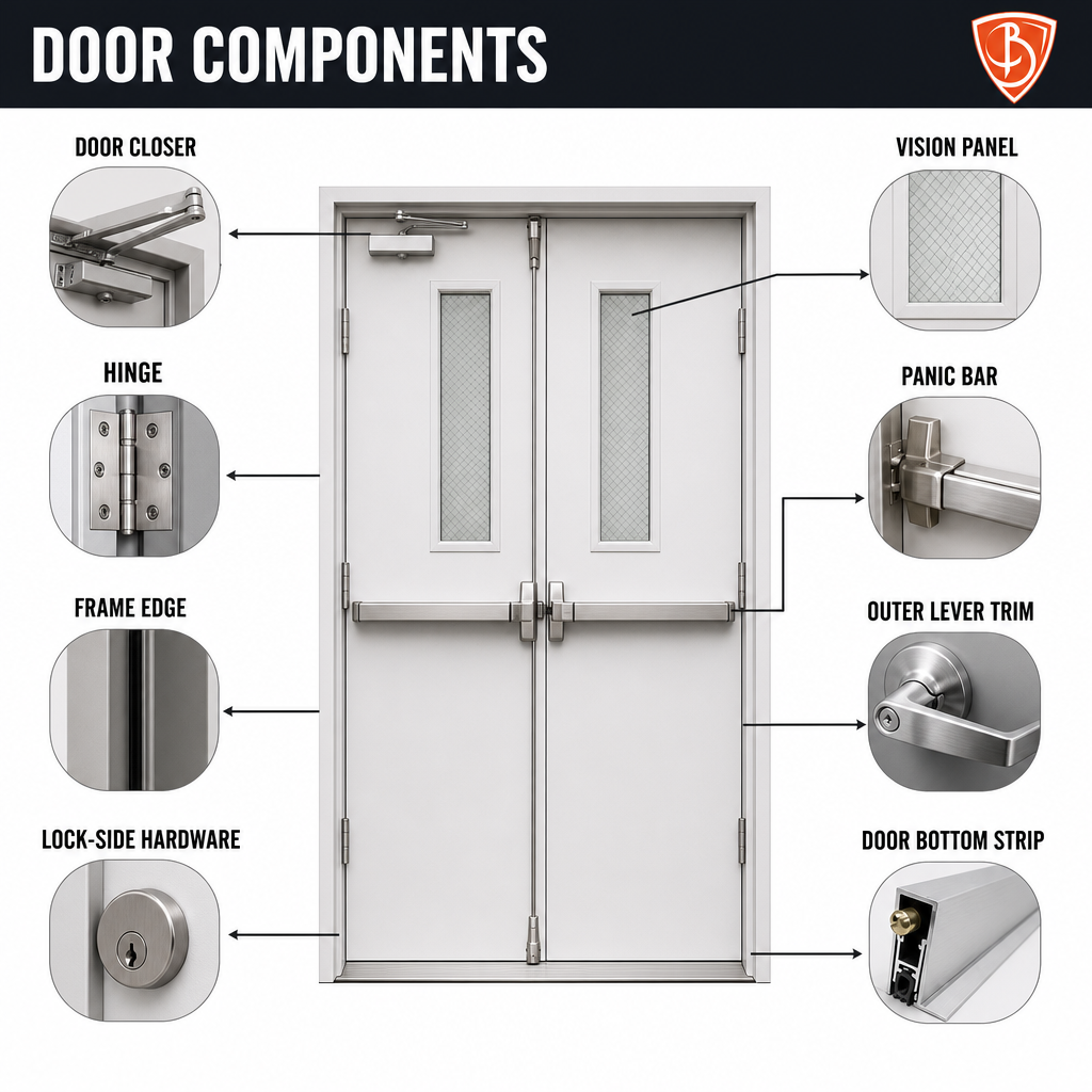 3 Hour Fire Rated Steel Double Fire Door with Vision Panel Panic Bar Exit Hardware Door Closer for Commercial Building - Image 5