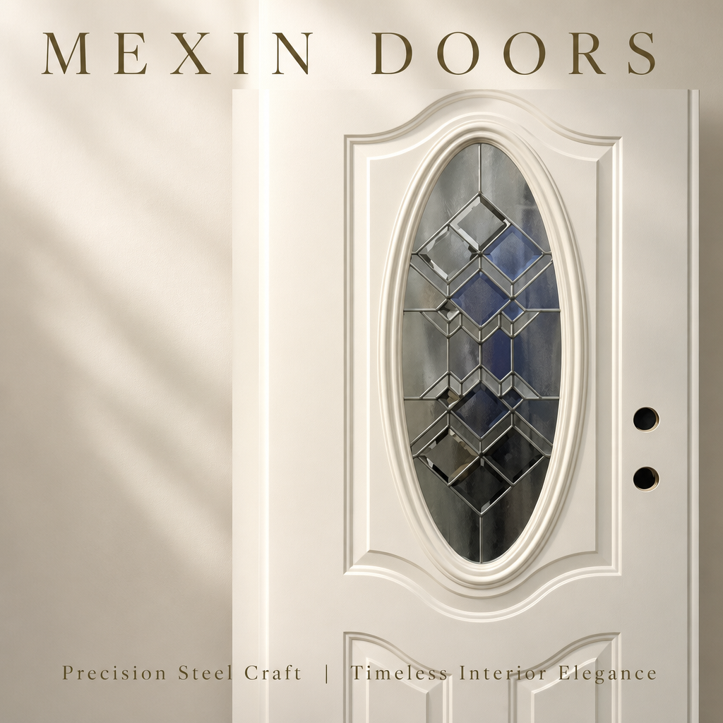 Interior Steel Door with Oval Decorative Leaded Glass Insert Soundproof Fire Resistant Steel Core Door for Residential - Image 5