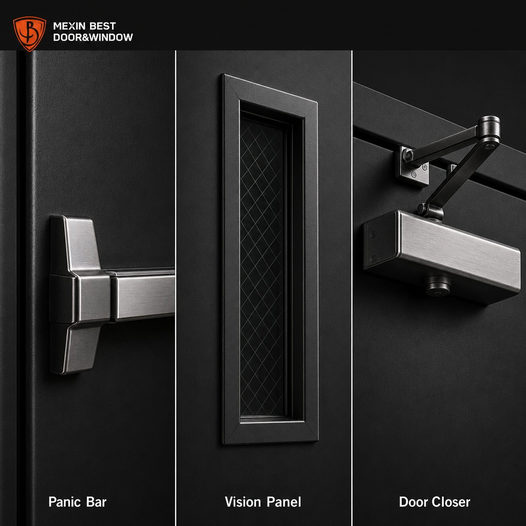 3 Hour Fire Rated Steel Double Fire Door with Vision Panel Panic Bar Exit Hardware for Commercial Building Hotel - Image 5