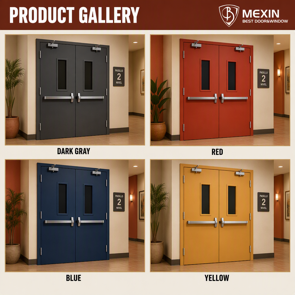 3 Hour Fire Rated Double Leaf Steel Fire Door with Vision Panel and Panic Bar for Commercial Building - Image 5