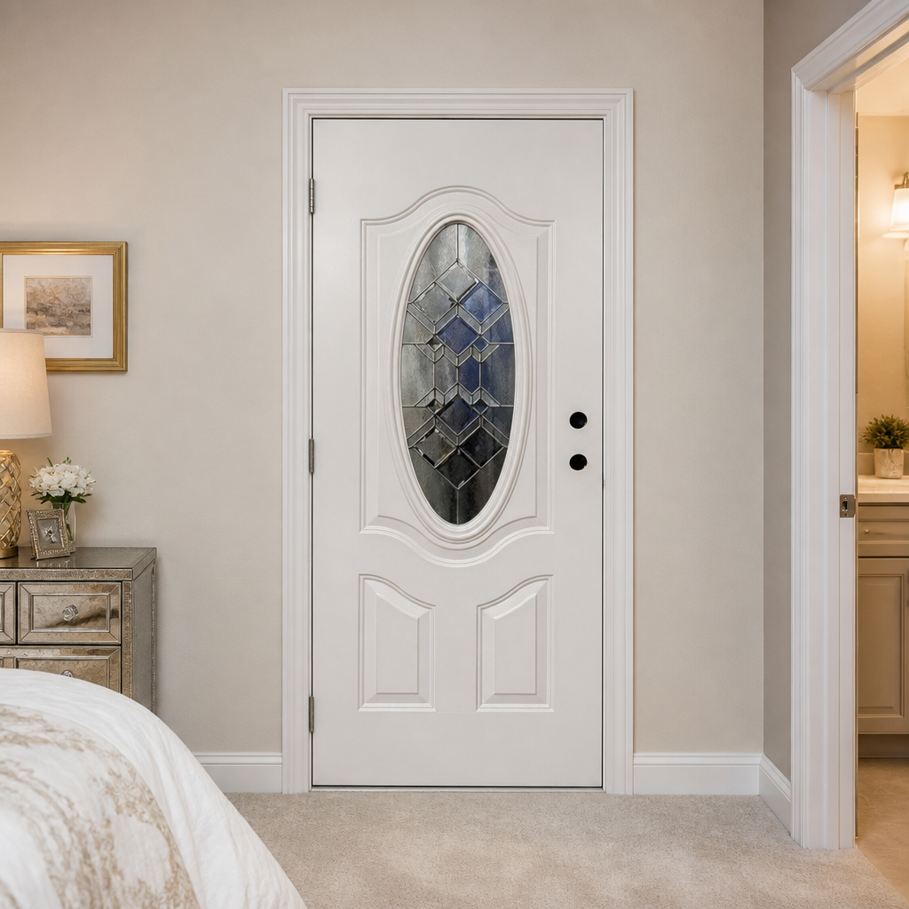 Interior Steel Door with Oval Decorative Leaded Glass Insert Soundproof Fire Resistant Steel Core Door for Residential - Image 6