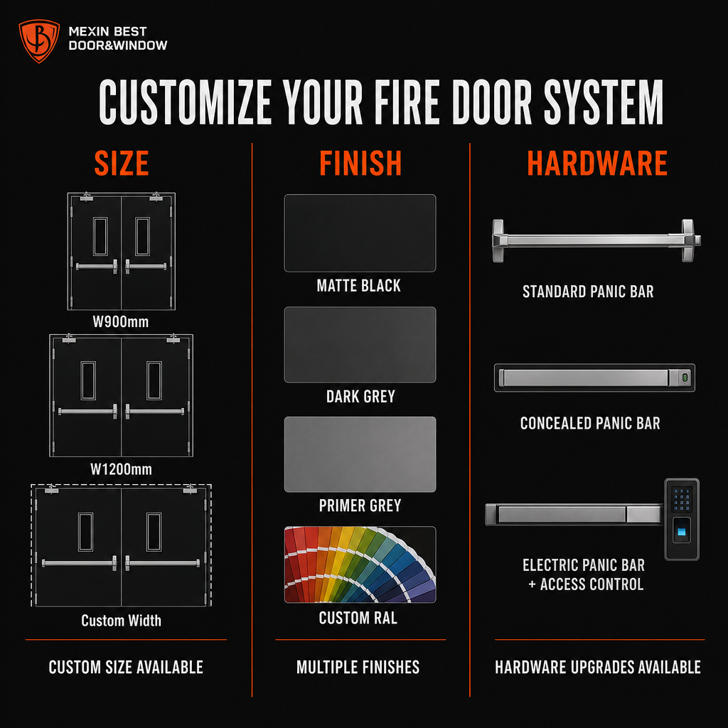 3 Hour Fire Rated Double Leaf Steel Fire Door with Vision Panel Panic Bar and Door Closer for Commercial Building - Image 6