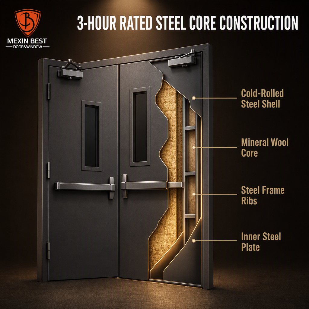3 Hour Fire Rated Double Leaf Steel Fire Door with Vision Panel and Panic Bar for Commercial Building - Image 6